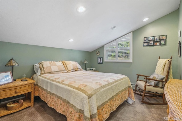 carpeted bedroom featuring lofted ceiling