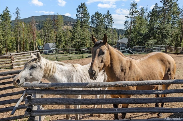 view of stable with a mountain view