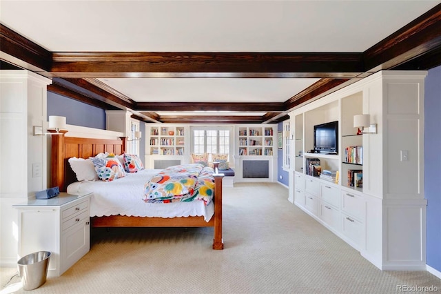 bedroom with light colored carpet, ornamental molding, and beam ceiling