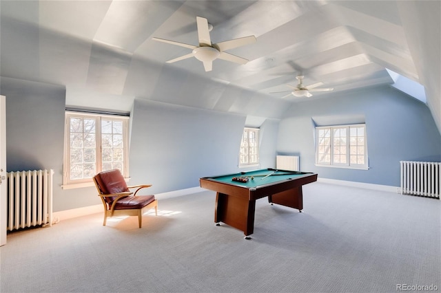 game room featuring radiator, billiards, and ceiling fan