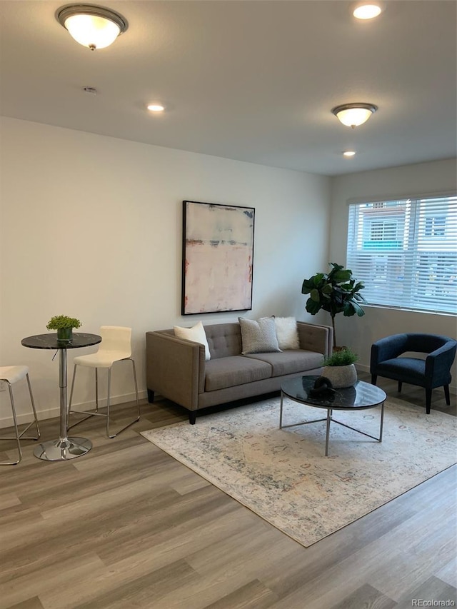 348 N Geneva St, Aurora, CO 80010 - living area with wood finished floors, baseboards, and recessed lighting