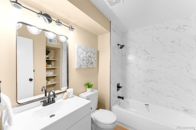 full bath with toilet, bathtub / shower combination, and vanity