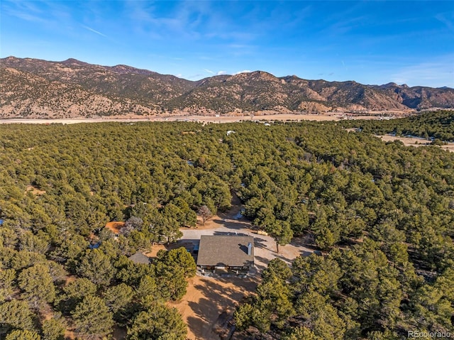 drone / aerial view with a mountain view and a view of trees