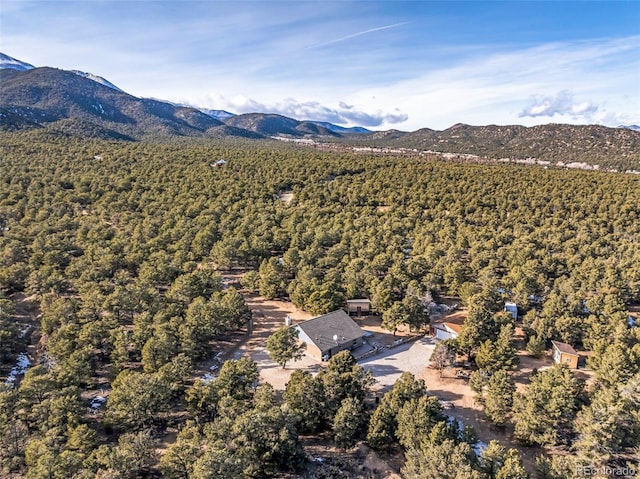 birds eye view of property with a mountain view and a view of trees