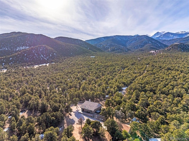 drone / aerial view featuring a wooded view and a mountain view