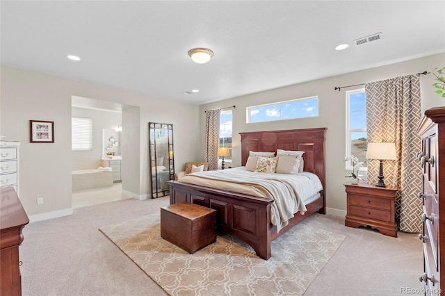 bedroom with baseboards, recessed lighting, visible vents, and light colored carpet