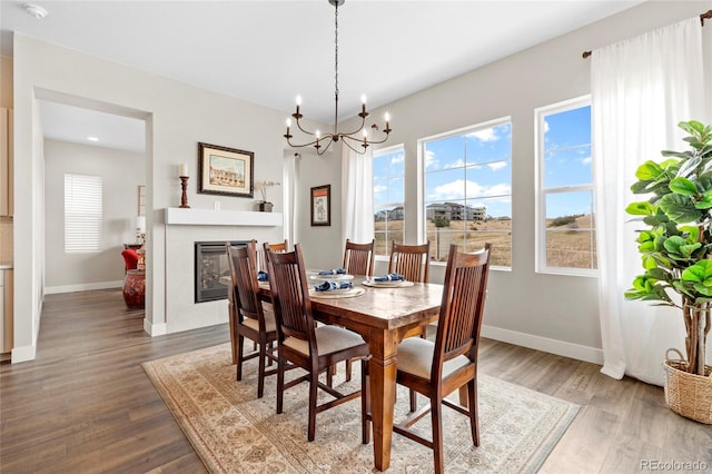 dining area featuring a glass covered fireplace, wood finished floors, and baseboards