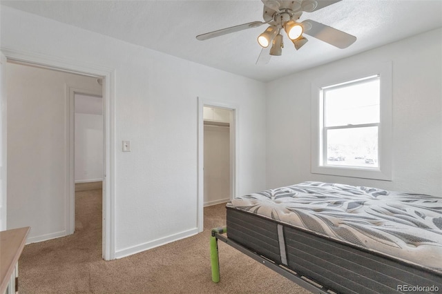 carpeted bedroom featuring a spacious closet, a closet, and ceiling fan