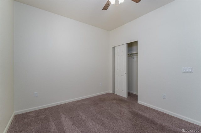 unfurnished bedroom with ceiling fan, carpet floors, a closet, and baseboards