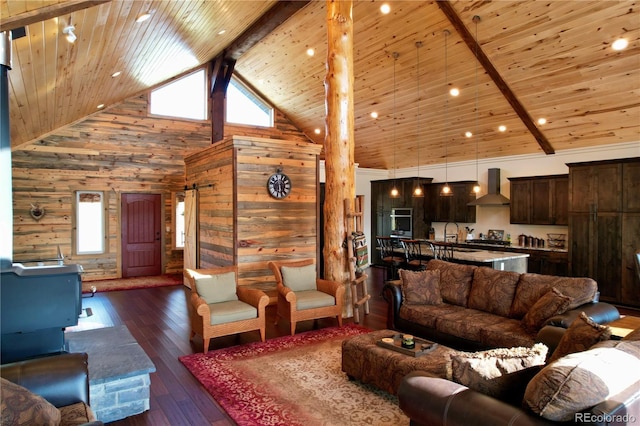 living room with wood walls, high vaulted ceiling, beamed ceiling, dark hardwood / wood-style floors, and wood ceiling