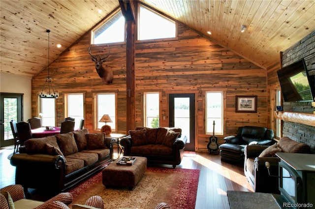 living room with high vaulted ceiling, wood ceiling, hardwood / wood-style floors, and wooden walls