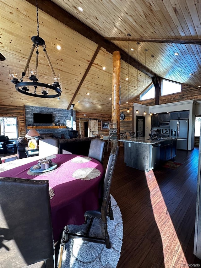 unfurnished dining area featuring high vaulted ceiling, wooden ceiling, beam ceiling, and dark hardwood / wood-style floors