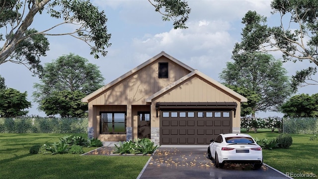 view of front of property featuring a front yard, an outdoor structure, and a garage