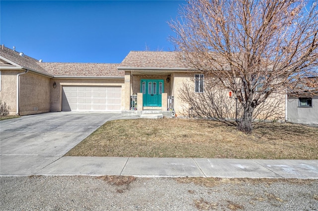 single story home with roof with shingles, driveway, an attached garage, and stucco siding