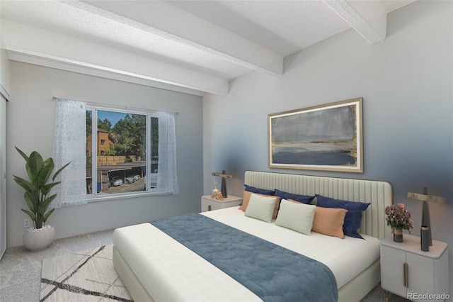 bedroom with light carpet, a textured ceiling, and beam ceiling