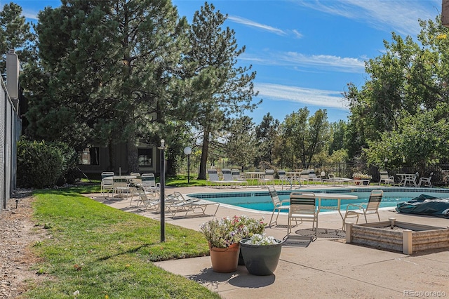 view of swimming pool with a patio and a lawn