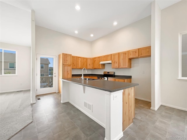 8612 13th St, Greeley, CO 80634 - kitchen with dark countertops, a sink, stainless steel electric range oven, under cabinet range hood, and visible vents