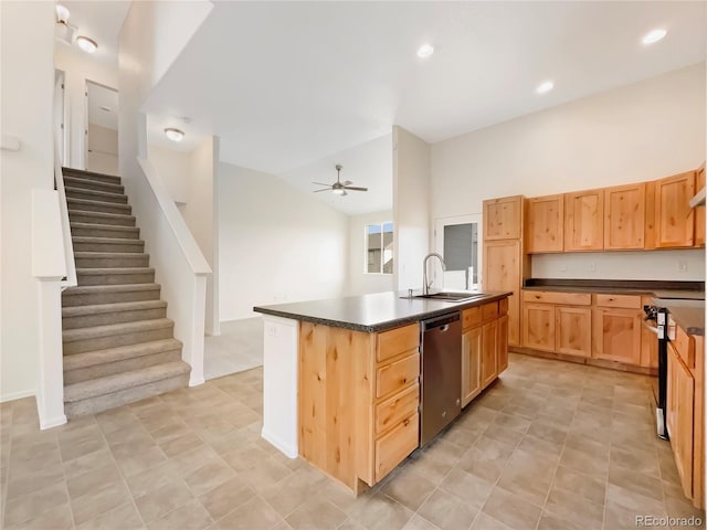 8612 13th St, Greeley, CO 80634 - kitchen featuring stainless steel dishwasher, a sink, dark countertops, a ceiling fan, and range