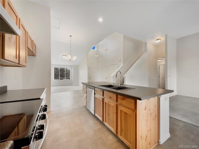 8612 13th St, Greeley, CO 80634 - kitchen featuring under cabinet range hood, an inviting chandelier, dark countertops, a sink, and appliances with stainless steel finishes