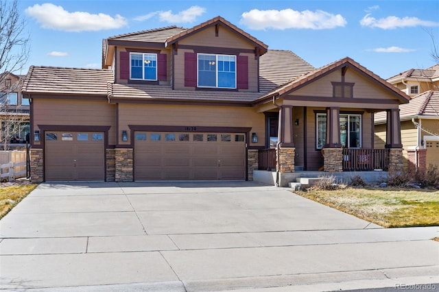 18130 Bolero Dr, Parker, CO 80134 - craftsman inspired home featuring a porch, an attached garage, stone siding, driveway, and a tile roof