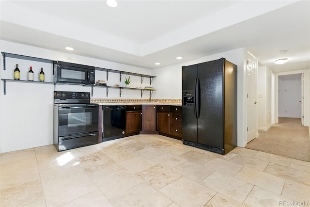 kitchen featuring dark brown cabinetry, light countertops, recessed lighting, black appliances, and open shelves