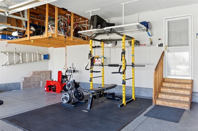 exercise room featuring a garage