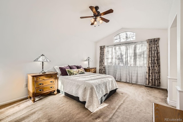 carpeted bedroom with lofted ceiling and ceiling fan