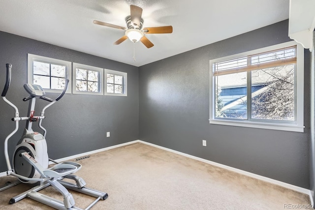 exercise room featuring ceiling fan and carpet