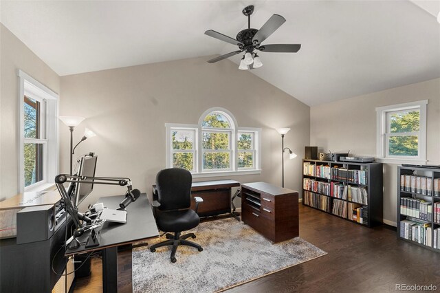 home office with dark hardwood / wood-style floors, ceiling fan, and lofted ceiling