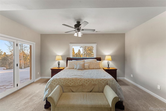 bedroom featuring ceiling fan, access to exterior, and light colored carpet