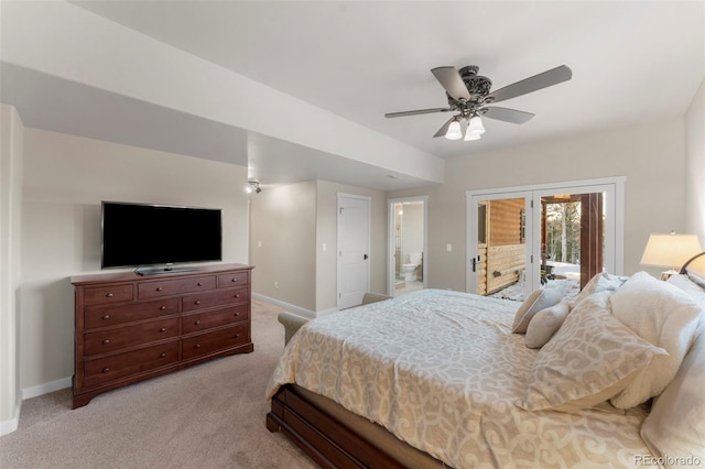 carpeted bedroom featuring ceiling fan and access to exterior