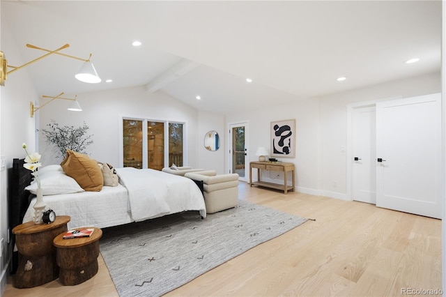 bedroom featuring recessed lighting, baseboards, light wood-type flooring, and vaulted ceiling with beams