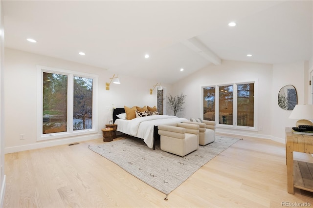 bedroom with light wood-style flooring, baseboards, recessed lighting, and vaulted ceiling with beams