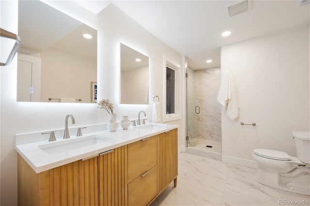 full bath with a sink, a marble finish shower, marble finish floor, and visible vents