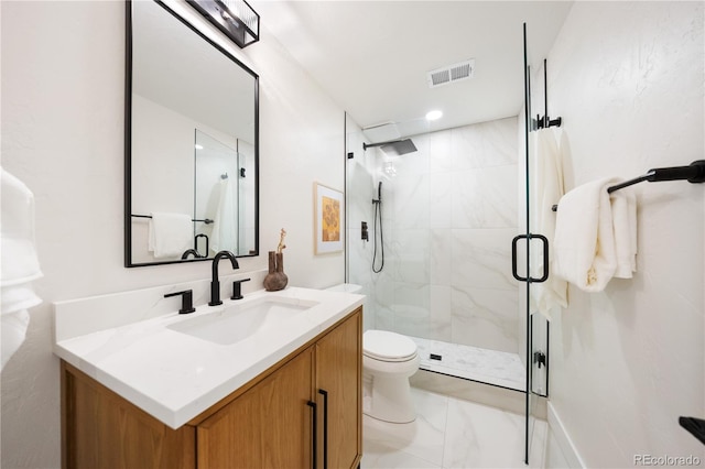 bathroom with toilet, a stall shower, visible vents, marble finish floor, and vanity