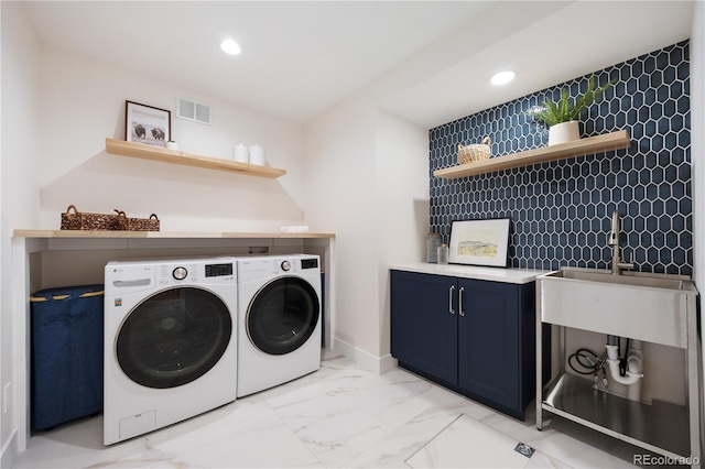 laundry room featuring laundry area, recessed lighting, marble finish floor, visible vents, and separate washer and dryer