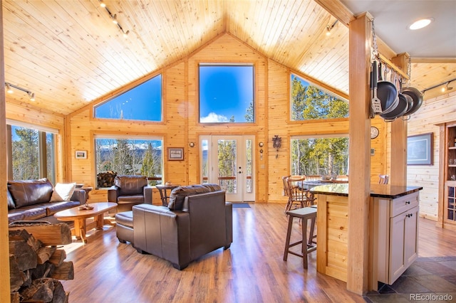 living room with wood walls, wood ceiling, and wood finished floors