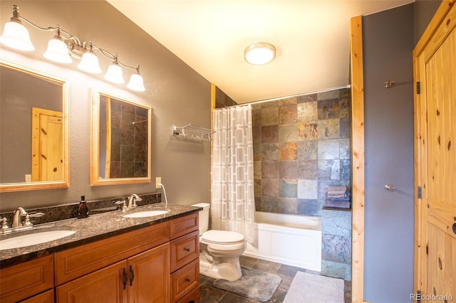 bathroom with toilet, shower / bath combination with curtain, double vanity, and a sink