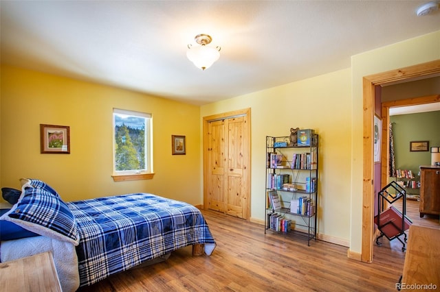 bedroom with a closet, wood finished floors, and baseboards