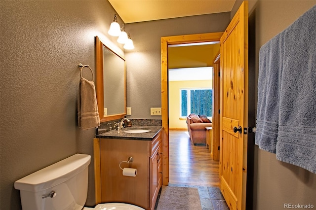 bathroom with toilet, a textured wall, and vanity