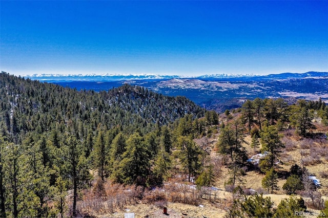 property view of mountains with a wooded view