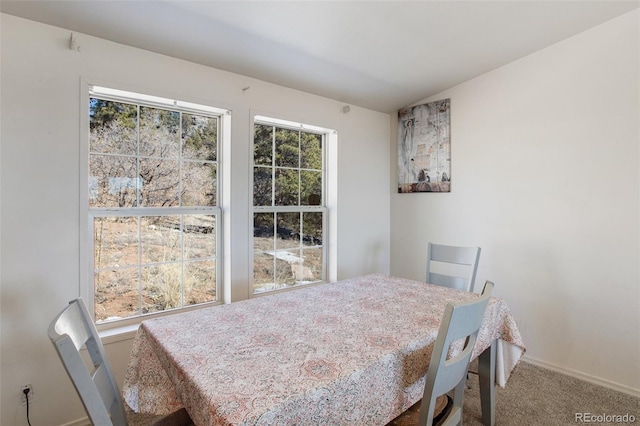 carpeted dining room featuring baseboards