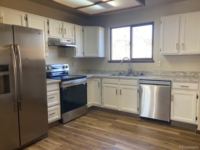 kitchen with white cabinets, dark hardwood / wood-style floors, sink, and appliances with stainless steel finishes