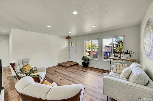 living room with light hardwood / wood-style floors and a textured ceiling