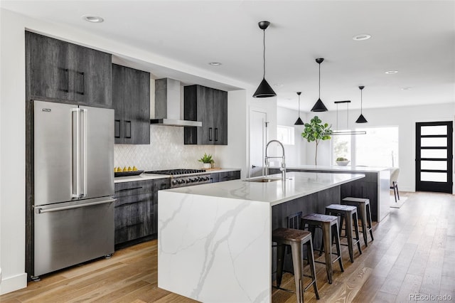 kitchen featuring sink, wall chimney exhaust hood, light wood-type flooring, an island with sink, and stainless steel appliances