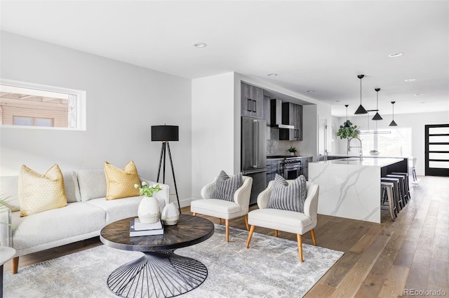 living room with plenty of natural light, wood-type flooring, and sink