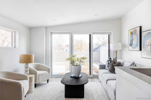 living room with light hardwood / wood-style floors, plenty of natural light, and lofted ceiling