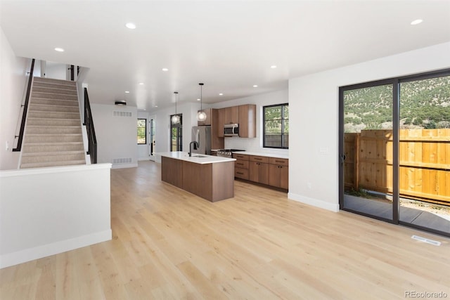 kitchen with light wood-type flooring, hanging light fixtures, a healthy amount of sunlight, and stainless steel appliances