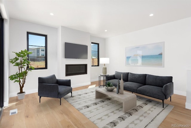 living room featuring a wealth of natural light and light hardwood / wood-style floors