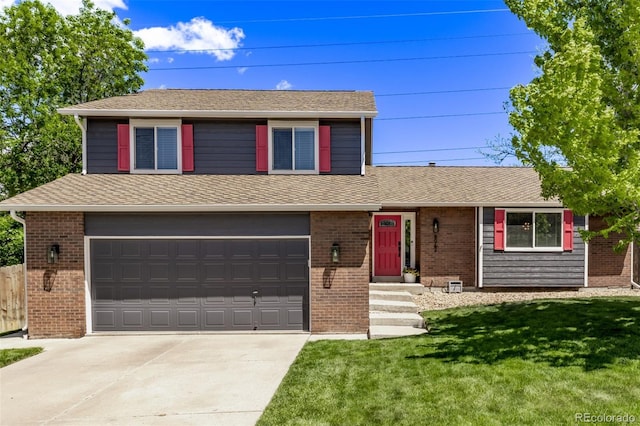 6062 S Newport St, Centennial, CO 80111 - view of front facade featuring concrete driveway, a garage, brick siding, and a shingled roof
